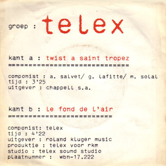 Telex : Twist A Saint Tropez (7", Single)