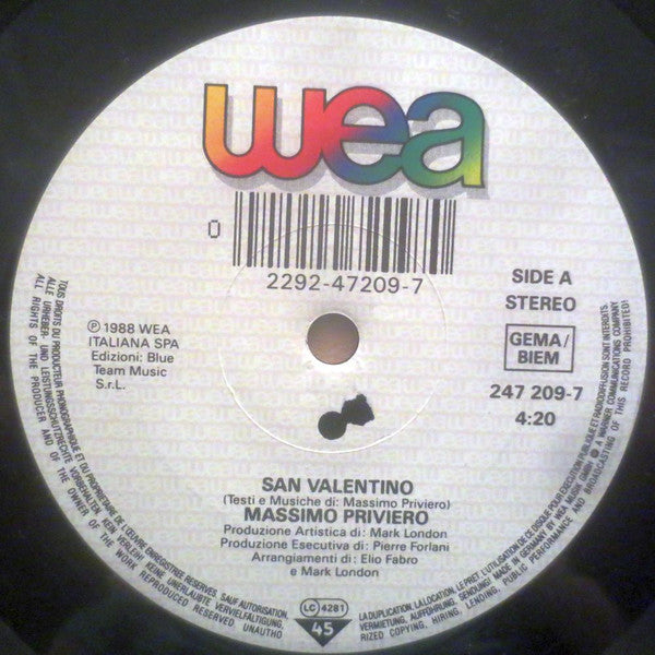 Massimo Priviero : San Valentino (7", Single)