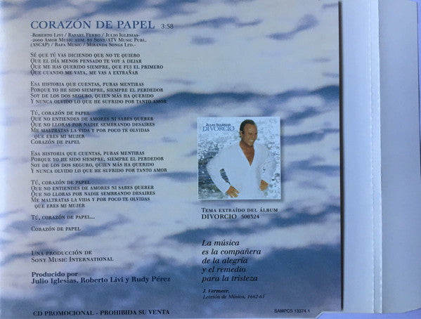 Julio Iglesias : Corazón De Papel (CD, Single, Promo)