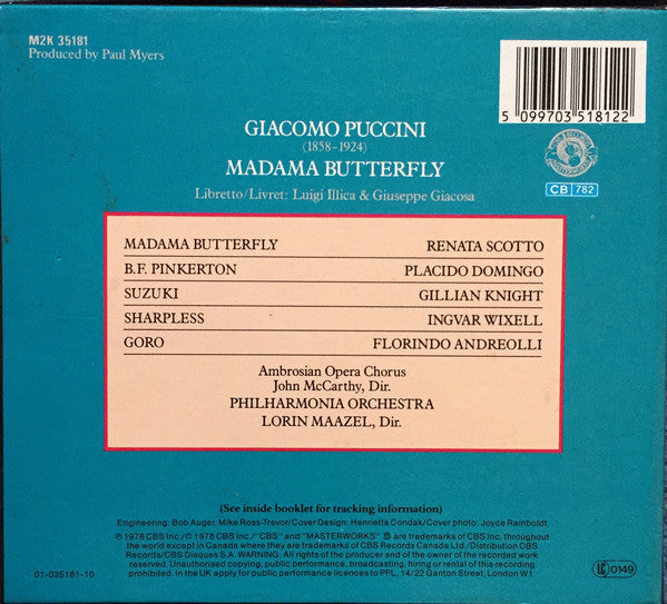 Giacomo Puccini : Renata Scotto, Placido Domingo, Ingvar Wixell, Gillian Knight, Florindo Andreolli, The Ambrosian Opera Chorus, Philharmonia Orchestra, Lorin Maazel : Madame Butterfly (2xCD, Album)