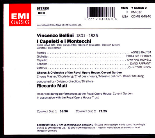 Vincenzo Bellini - Agnes Baltsa •  Edita Gruberova •  Dano Raffanti •  Gwynne Howell •  John Tomlinson (2) •  Chorus Of The Royal Opera House, Covent Garden & Orchestra Of The Royal Opera House, Covent Garden •  Riccardo Muti : I Capuleti E I Montecchi (2xCD, Album, RE)