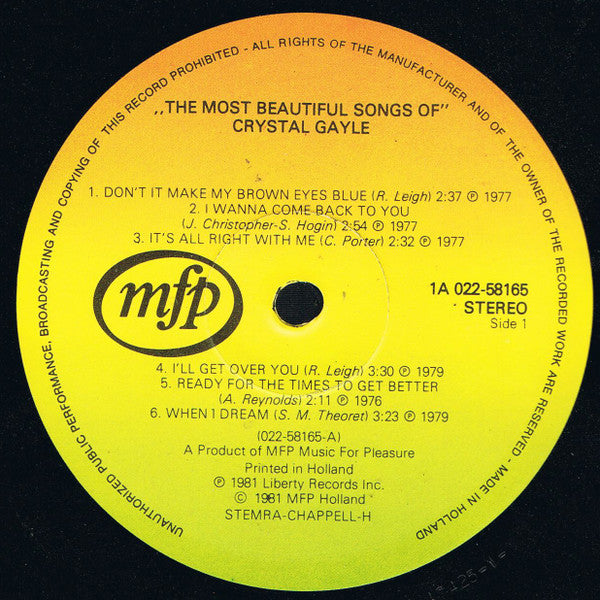 Crystal Gayle : The Most Beautiful Songs Of Crystal Gayle (LP, Comp)