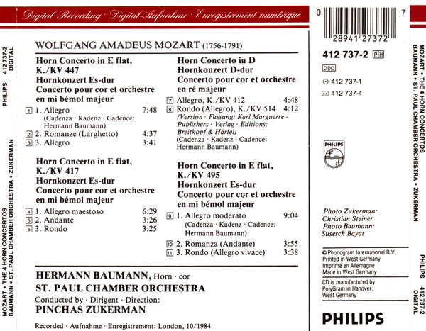 Wolfgang Amadeus Mozart / Hermann Baumann / The Saint Paul Chamber Orchestra / Pinchas Zukerman : Die Hornkonzerte (CD, Album)