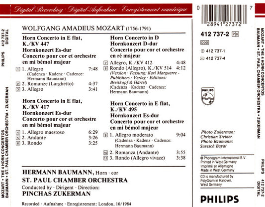 Wolfgang Amadeus Mozart / Hermann Baumann / The Saint Paul Chamber Orchestra / Pinchas Zukerman : Die Hornkonzerte (CD, Album)