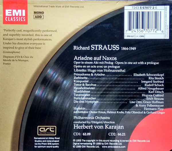 Richard Strauss - Elisabeth Schwarzkopf · Irmgard Seefried · Rita Streich · Rudolf Schock · Hermann Prey · Philharmonia Orchestra · Herbert von Karajan : Ariadne Auf Naxos (2xCD, Album, Mono, RM + Box)