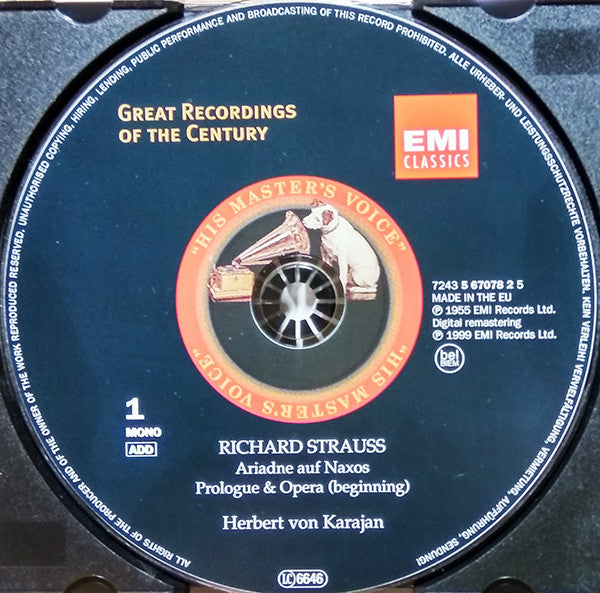 Richard Strauss - Elisabeth Schwarzkopf · Irmgard Seefried · Rita Streich · Rudolf Schock · Hermann Prey · Philharmonia Orchestra · Herbert von Karajan : Ariadne Auf Naxos (2xCD, Album, Mono, RM + Box)