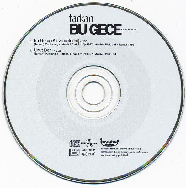 Tarkan : Bu Gece (Kir Zincirlerini) (CD, Single, Car)