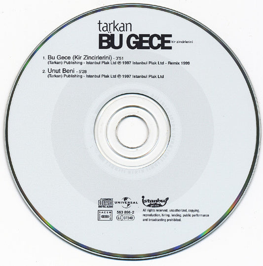 Tarkan : Bu Gece (Kir Zincirlerini) (CD, Single, Car)