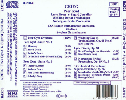 Edvard Grieg  / Slovak State Philharmonic Orchestra, Košice  / Stephen Gunzenhauser : Peer Gynt . Overture . Suites Nos. 1 & 2 . Lyric Pieces . Sigurd Jorsalfar . Wedding Day At Troldhaugen . Norwegian Bridal Procession (CD, Album)
