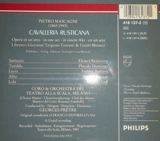 Pietro Mascagni - Elena Obraztsova · Placido Domingo · Renato Bruson · Axelle Gall · Fedora Barbieri · Coro Del Teatro Alla Scala & Orchestra Del Teatro Alla Scala · Georges Prêtre : Cavalleria Rusticana (CD, Album, RM + Box, Sli)