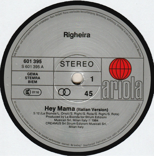 Righeira : Hey Mama (Special 12" Mix) (12", Maxi)