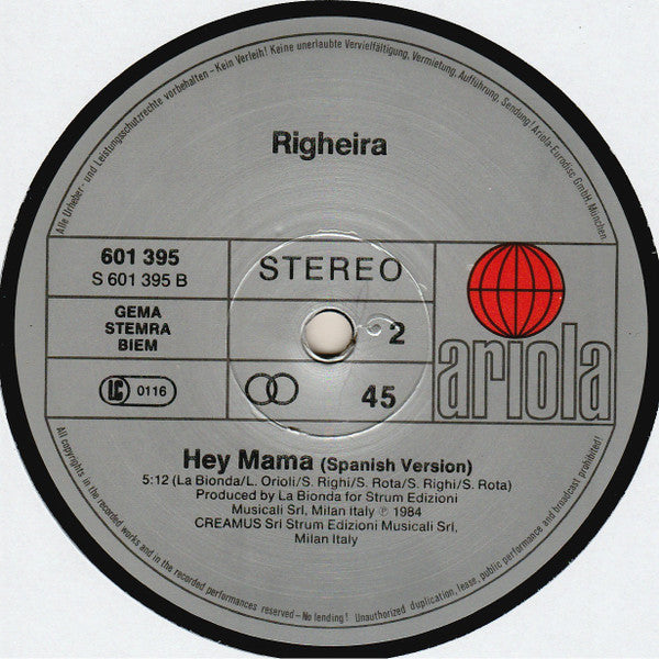 Righeira : Hey Mama (Special 12" Mix) (12", Maxi)