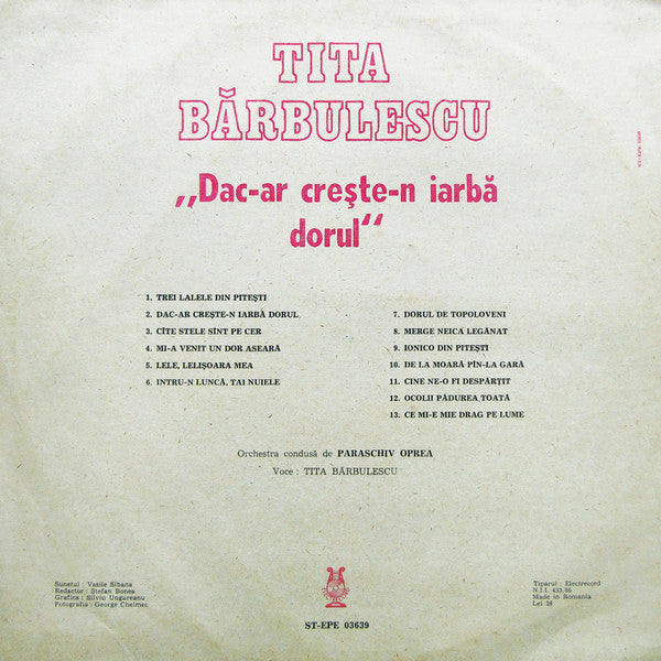 Tita Bărbulescu : Dac-ar Crește-n Iarbă Dorul (LP, Album)