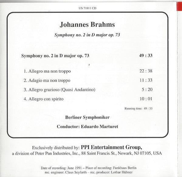 Johannes Brahms - Berliner Symphoniker, Eduardo Marturet : Symphony No. 2 In D Major Op. 73 (CD)