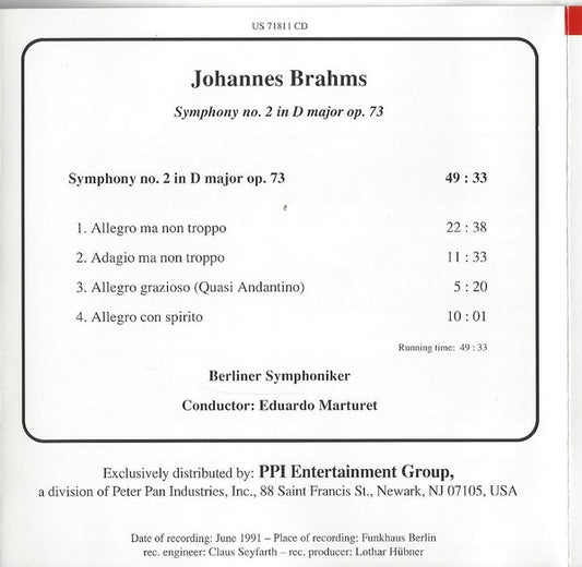 Johannes Brahms - Berliner Symphoniker, Eduardo Marturet : Symphony No. 2 In D Major Op. 73 (CD)