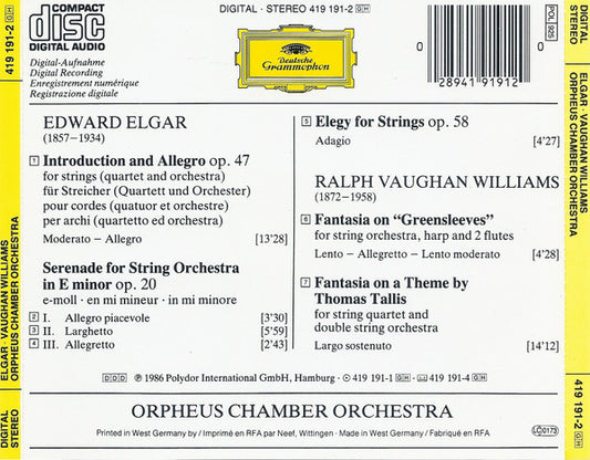 Sir Edward Elgar / Ralph Vaughan Williams – Orpheus Chamber Orchestra : Introduction And Allegro · Serenade · Elegy / Tallis Fantasia · Greensleeves Fantasia (CD)