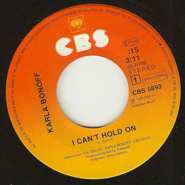 Karla Bonoff : I Can't Hold On (7", Single)