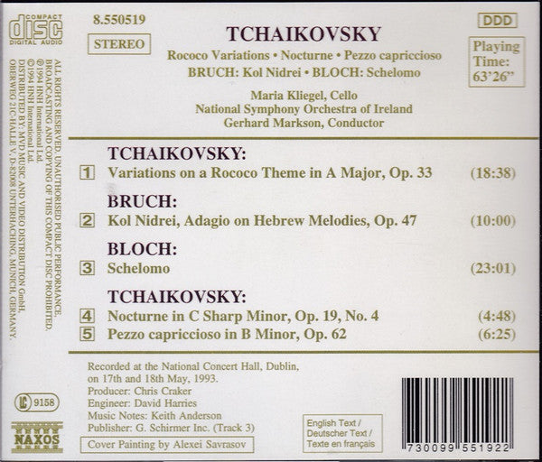 Pyotr Ilyich Tchaikovsky / Max Bruch / Ernest Bloch, Maria Kliegel, National Symphony Orchestra Of Ireland, Gerhard Markson : Variations On A Rococo Theme / Kol Nidrei / Schelomo (CD)