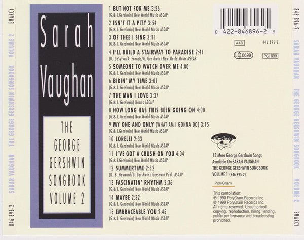Sarah Vaughan : The George Gershwin Songbook Volume 2 (CD, Comp, RE)