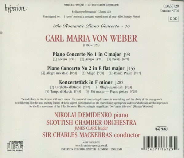Carl Maria von Weber / Nikolai Demidenko, Scottish Chamber Orchestra, Sir Charles Mackerras : Piano Concerto No 1 In C Major / Piano Concerto No 2 In E Flat Major / Konzertstück In F Minor (CD, Album, RE)
