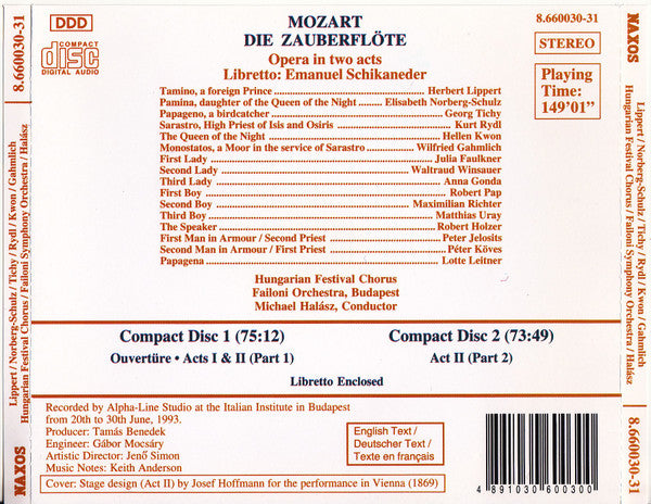 Wolfgang Amadeus Mozart, Herbert Lippert, Elisabeth Norberg-Schulz, Georg Tichy, Kurt Rydl, Hellen Kwon, Wilfried Gahmlich, Hungarian Festival Chorus, Failoni Chamber Orchestra, Budapest, Michael Halász : Die Zauberflöte (2xCD)