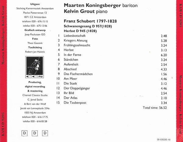 Franz Schubert / Maarten Koningsberger / Kelvin Grout : Franz Schubert (CD, Album)