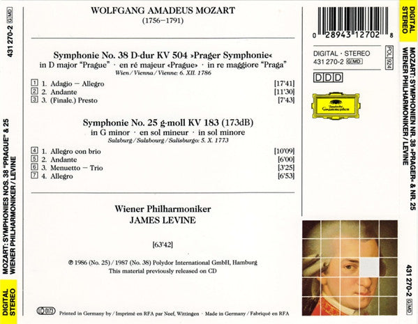 Wolfgang Amadeus Mozart - Wiener Philharmoniker, James Levine (2) : Symphonien Nos. 25 & 38 "Prague" (CD, Comp)
