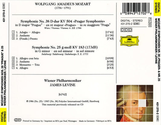 Wolfgang Amadeus Mozart - Wiener Philharmoniker, James Levine (2) : Symphonien Nos. 25 & 38 "Prague" (CD, Comp)