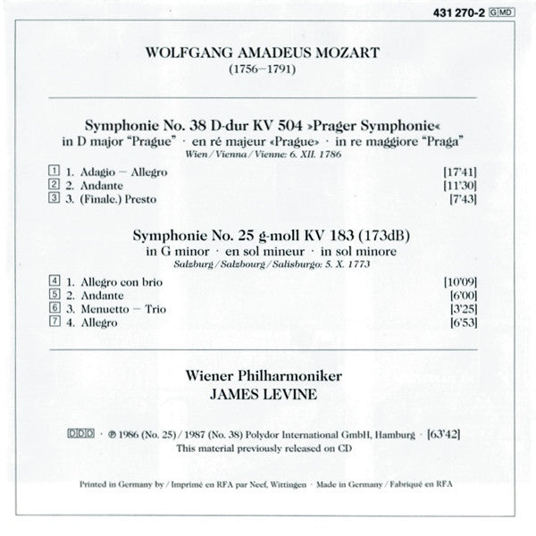 Wolfgang Amadeus Mozart - Wiener Philharmoniker, James Levine (2) : Symphonien Nos. 25 & 38 "Prague" (CD, Comp)