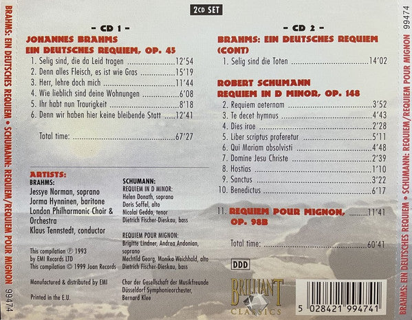 Johannes Brahms / Robert Schumann - Jessye Norman, Jorma Hynninen, London Philharmonic Choir & London Philharmonic Orchestra, Klaus Tennstedt : Ein Deutsches Requiem / Requiem - Requiem For Mignon (2xCD, Album, Comp)