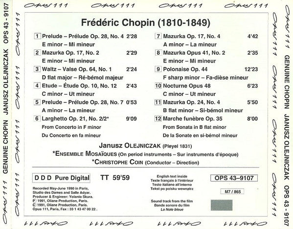 Frédéric Chopin, Janusz Olejniczak, Quatuor Mosaïques, Christophe Coin : La Note Bleue (Bande Originale Du Film) (CD, Album)