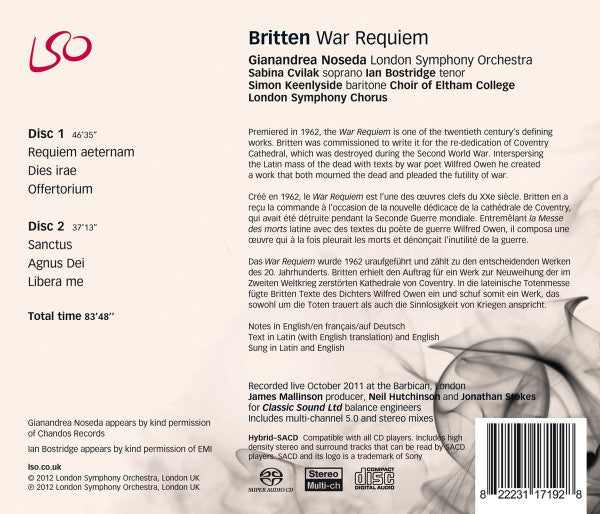 Benjamin Britten, Gianandrea Noseda, Ian Bostridge, Simon Keenlyside, Sabina Cvilak, London Symphony Chorus, Choir Of Eltham College, London Symphony Orchestra : War Requiem (2xSACD, Hybrid, Multichannel, DSD)