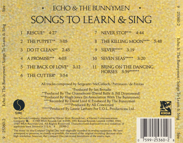 Echo & The Bunnymen : Songs To Learn & Sing (CD, Comp, RE)