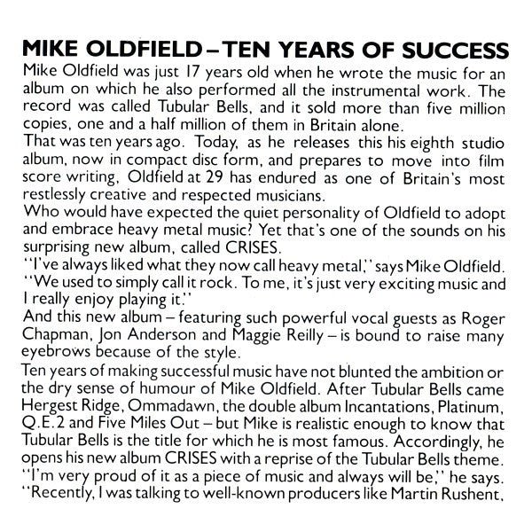 Mike Oldfield : Crises (CD, Album, RE)