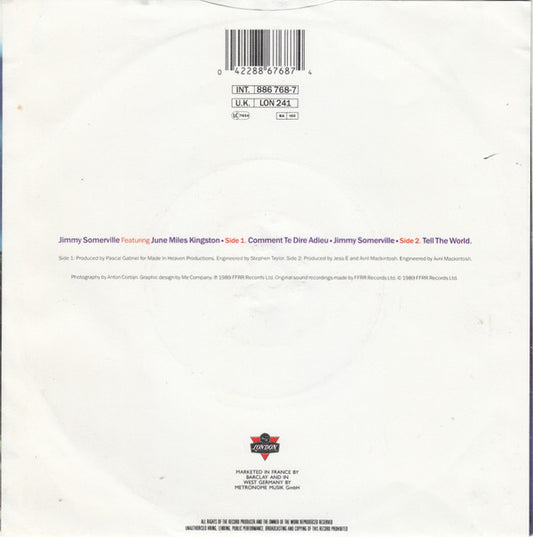 Jimmy Somerville Featuring June Miles-Kingston : Comment Te Dire Adieu (7", Single)