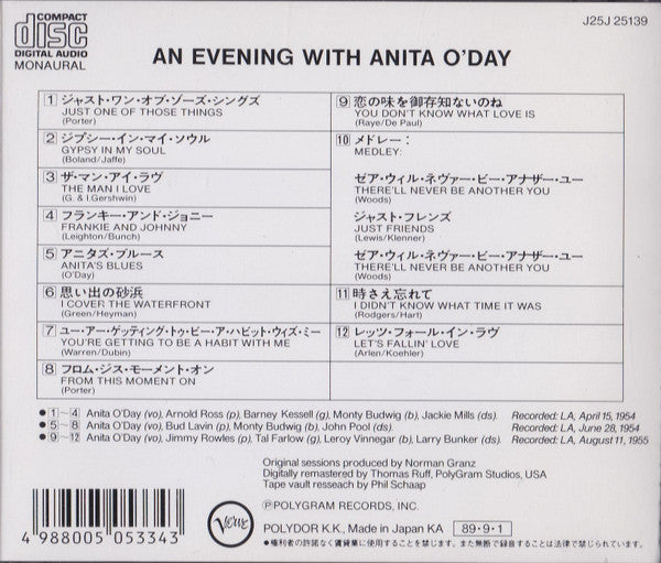 Anita O'Day : An Evening With Anita O'Day (CD, Album, Mono, RE, RM)