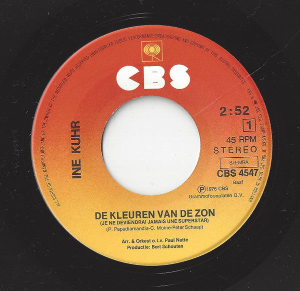 Ine Kuhr : De Kleuren Van De Zon (7", Single)
