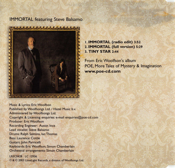 Eric Woolfson Featuring Steve Balsamo : Immortal (CD, Single)