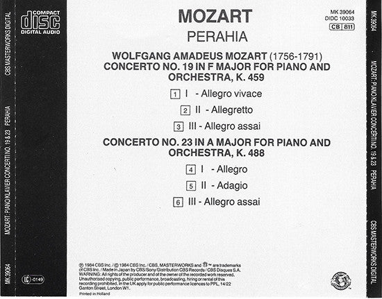 Murray Perahia, Wolfgang Amadeus Mozart, English Chamber Orchestra : Piano Concerti No. 19, K.459, No. 23, K. 488  (CD, Album)