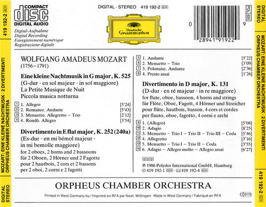 Wolfgang Amadeus Mozart, Orpheus Chamber Orchestra : Eine Kleine Nachtmusik K.525 / Divertimenti K.131 & K.252 (CD, Album, PDO)