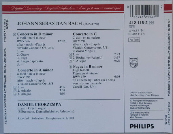 Johann Sebastian Bach, Daniel Chorzempa : 3 Concerti After / Nach Vivaldi (CD, RE)