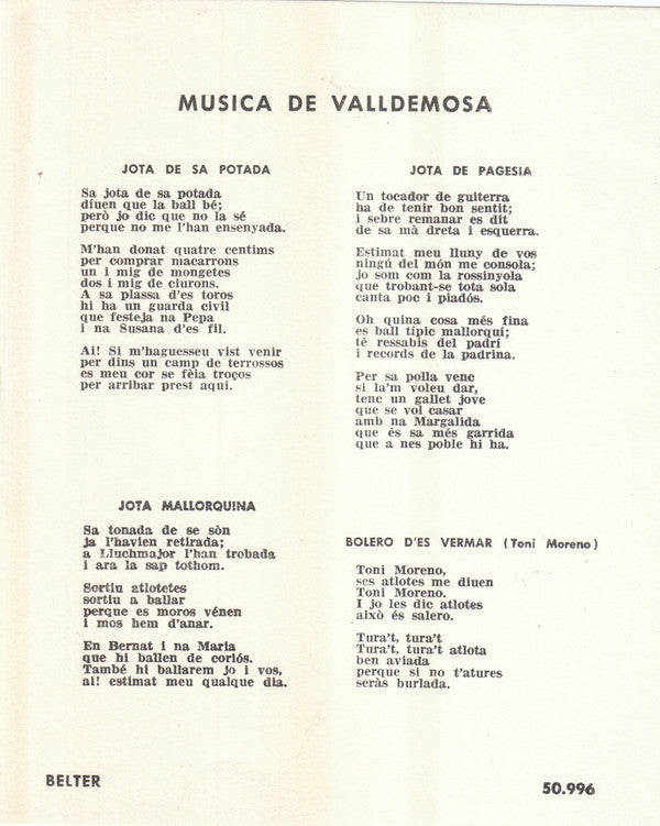 Parado de Valldemossa : Cantos Y Bailes De Valldemosa (7", EP)