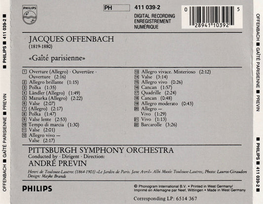 Jacques Offenbach, Pittsburgh Symphony Orchestra, André Previn : Gaîté Parisienne (CD, Album, blu)