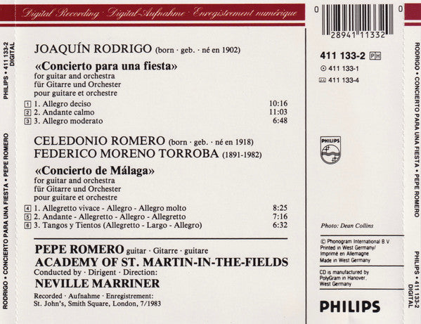 Pepe Romero, Joaquín Rodrigo, Celedonio Romero, Federico Moreno Torroba, The Academy Of St. Martin-in-the-Fields, Sir Neville Marriner : Concierto Para Una Fiesta (CD, Album)