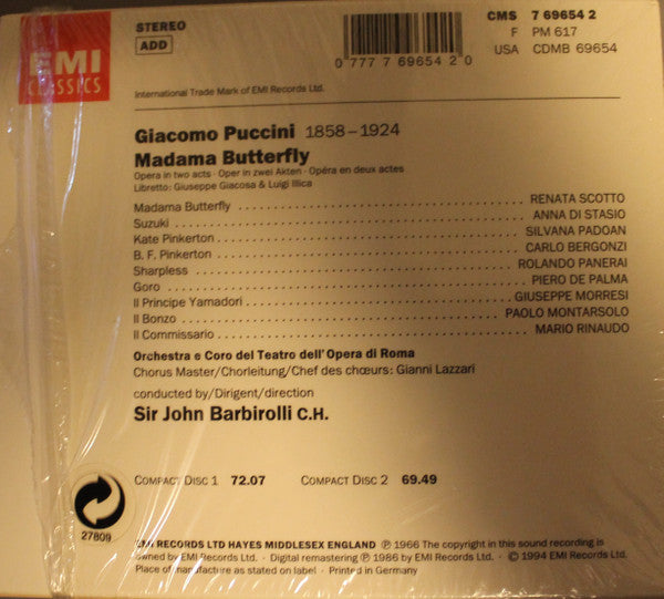 Giacomo Puccini - Renata Scotto, Carlo Bergonzi, Rolando Panerai, Coro Del Teatro Dell'Opera Di Roma, Orchestra Del Teatro Dell'Opera Di Roma, Sir John Barbirolli : Madama Butterfly (Box + 2xCD, RE, RM)