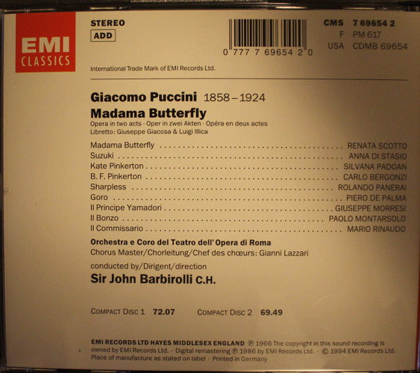 Giacomo Puccini - Renata Scotto, Carlo Bergonzi, Rolando Panerai, Coro Del Teatro Dell'Opera Di Roma, Orchestra Del Teatro Dell'Opera Di Roma, Sir John Barbirolli : Madama Butterfly (Box + 2xCD, RE, RM)
