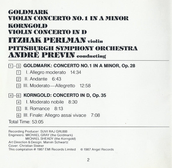 Goldmark* / Korngold* - Itzhak Perlman, André Previn, Pittsburgh Symphony Orchestra : Concerto No. 1 In A Minor / Concerto In D (CD, Comp)