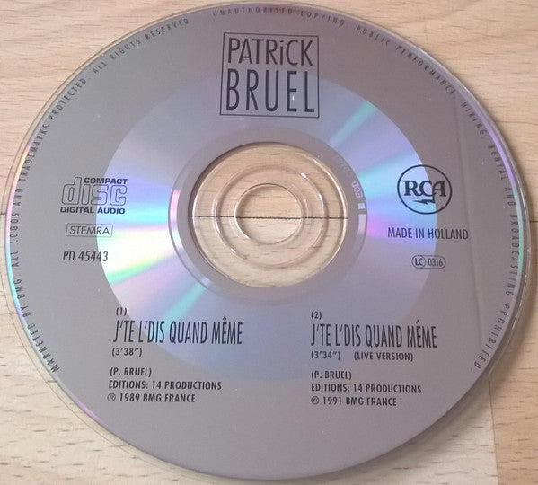 Patrick Bruel : J'Te L'Dis Quand Même (CD, Single)