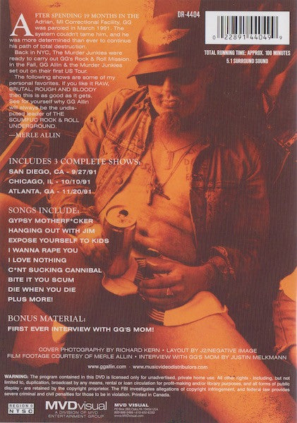 GG Allin & The Murder Junkies : Raw, Brutal, Rough & Bloody - Best Of 1991 Live (DVD, Comp, RE, NTSC)