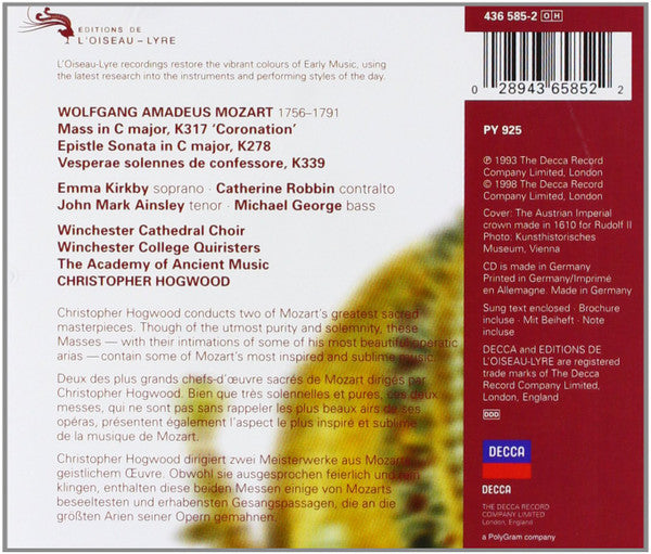 Wolfgang Amadeus Mozart, Emma Kirkby, Catherine Robbin, John Mark Ainsley, Michael George (3), The Academy Of Ancient Music, Christopher Hogwood : Coronation Mass = Messe Du Couronnement = Krönungsmesse • Vespers, K339 (CD, Album, RE)